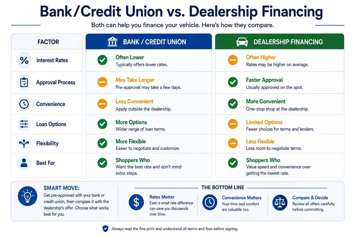 Infographic comparing bank or credit union financing with dealership financing.