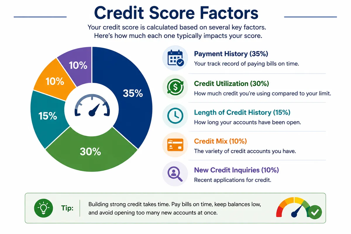 Infographic explaining common credit score factors including payment history, credit utilization, credit history length, credit mix, and credit inquiries.