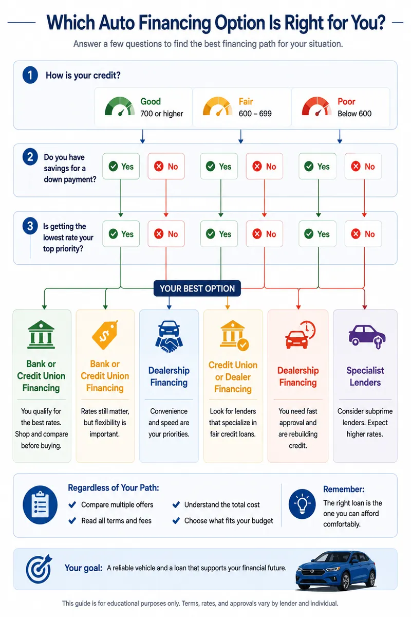 Decision tree helping readers choose the AutoVoice financing guide that best matches their situation.